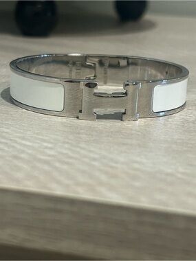 White Enamel Silver-Tone Cuff Bracelet with H Clasp